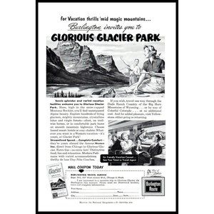 1953 Burlington Travel Glacier National Park Vintage Print Ad Train Wall Art